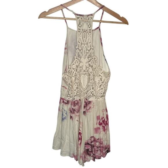 L'Atiste I Cream Pink Floral Crochet Back Boho Romantic Sleeveless Romper I M - Picture 2 of 5